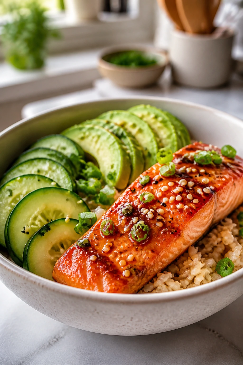 Salmon rice bowl with cucumber and avocado.