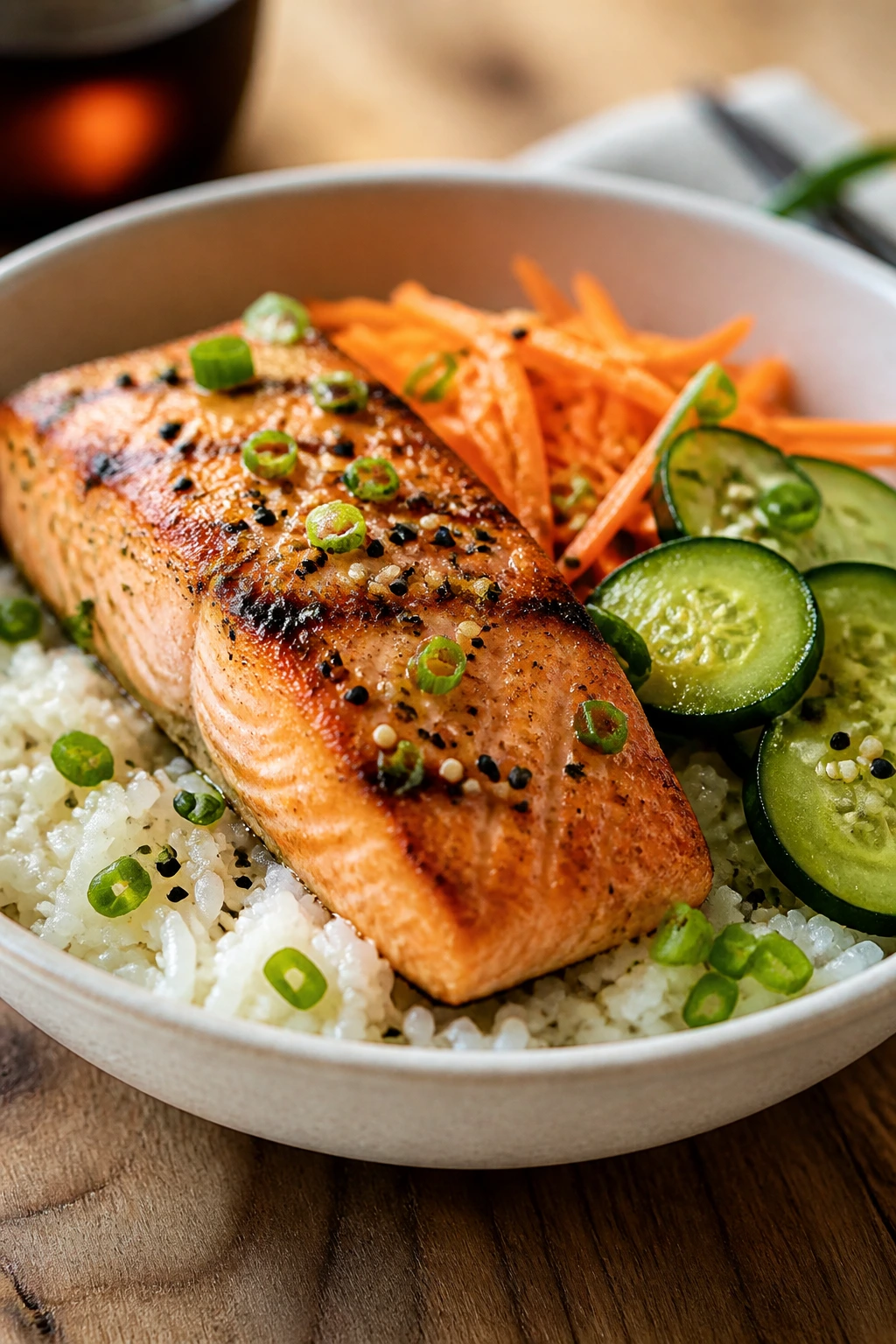 Salmon on rice with cucumber and carrot in a bowl