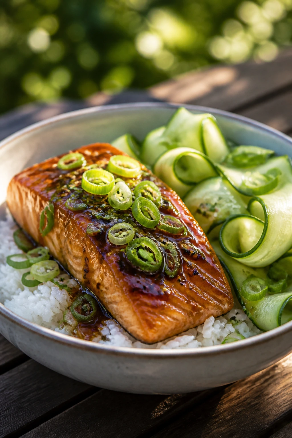 Close-up of a miso-ginger salmon rice bowl with cucumber and scallions on a picnic setting