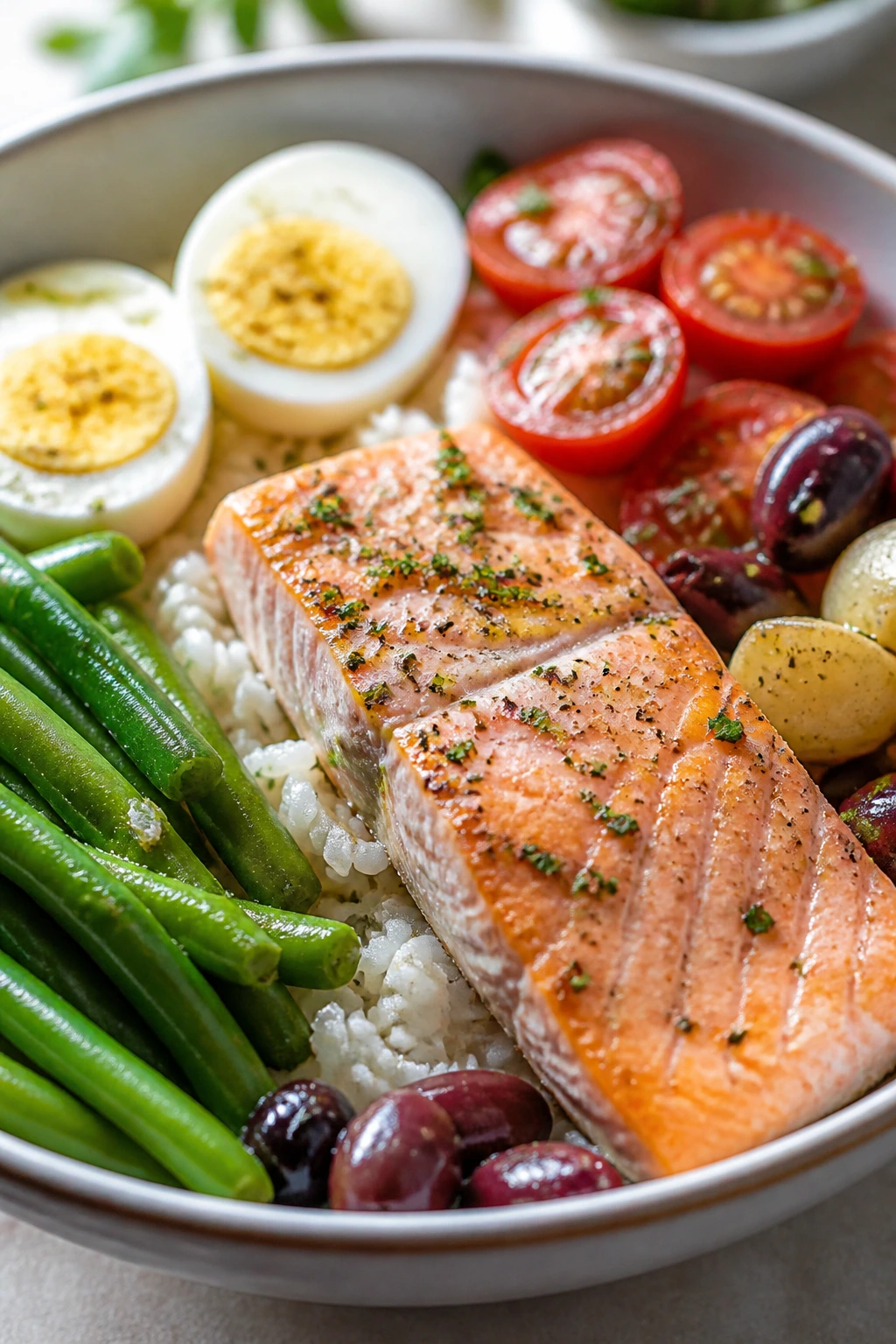 Close-up of a Niçoise salmon rice bowl with green beans, eggs, tomatoes, and olives.