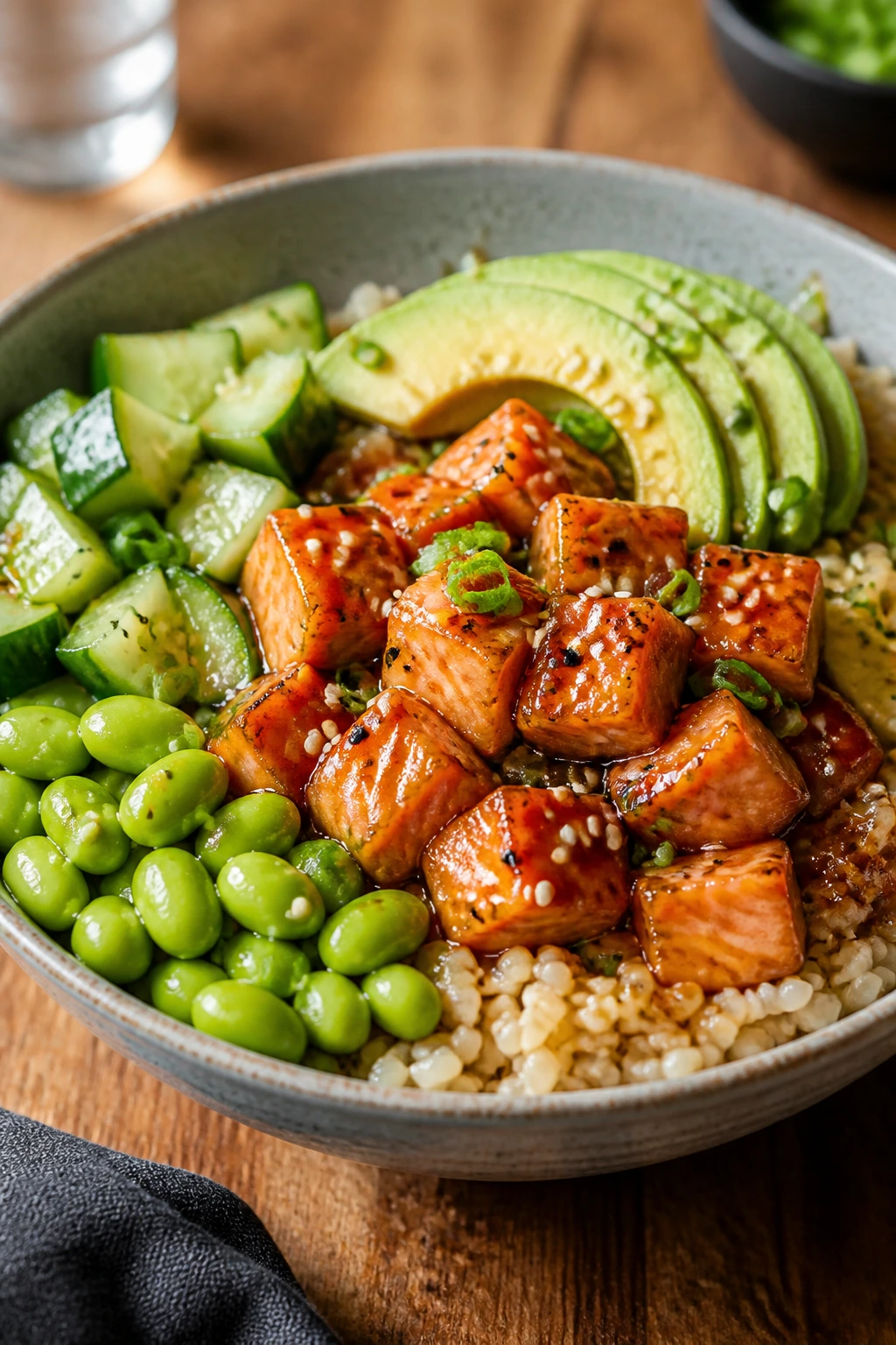 Colorful salmon rice bowl with cucumber, avocado, and edamame.