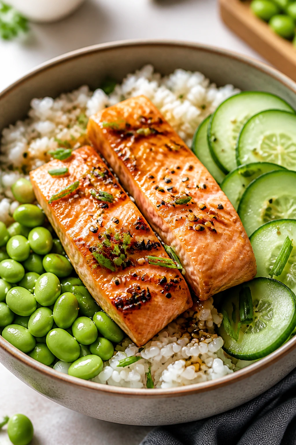 Salmon rice bowl with cucumber and edamame