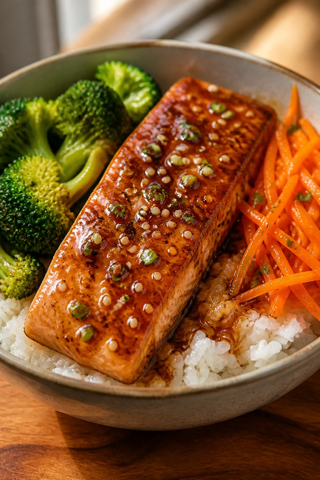 Close-up of honey garlic salmon rice bowl with vegetables