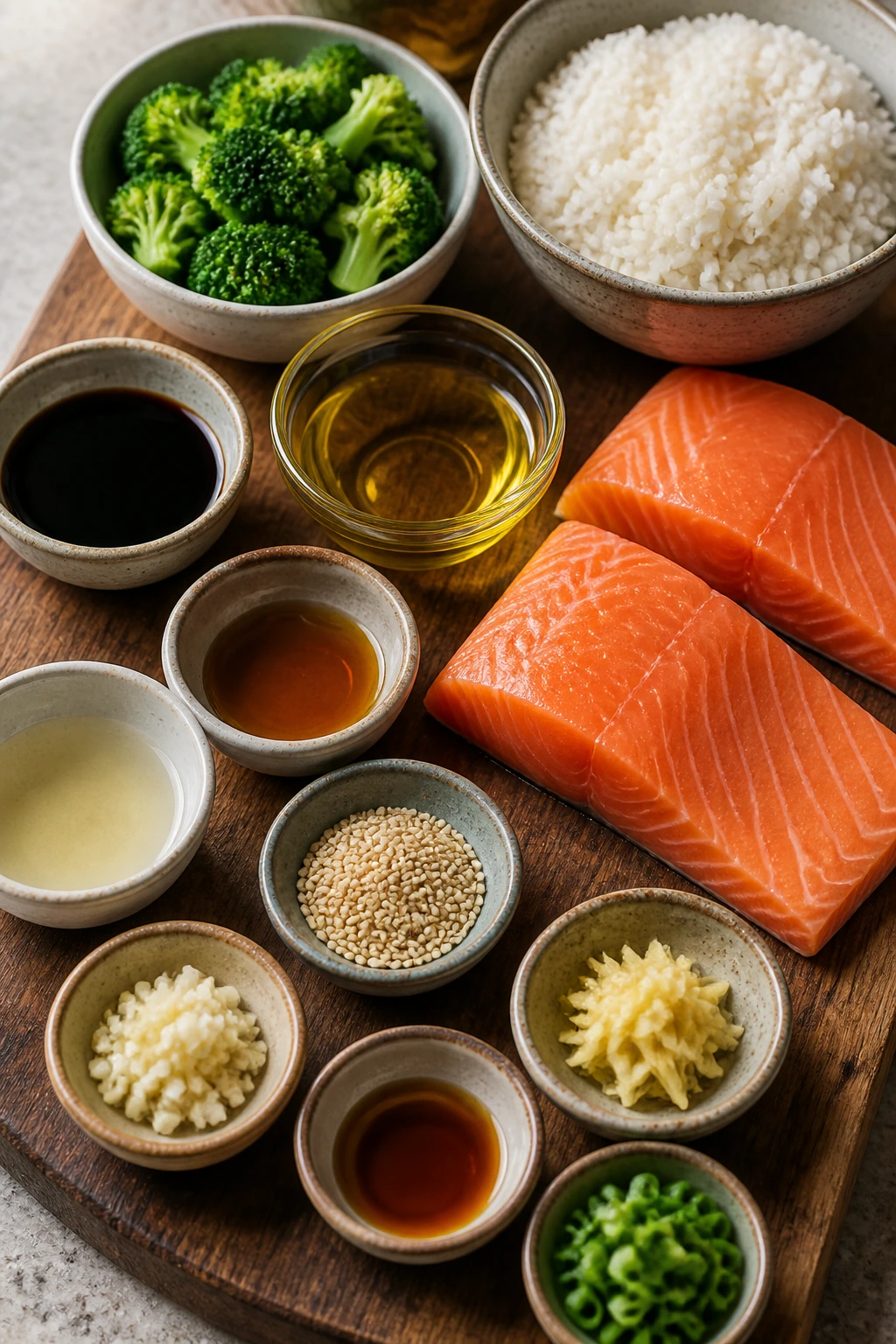 Key ingredients for salmon bowls laid out on board