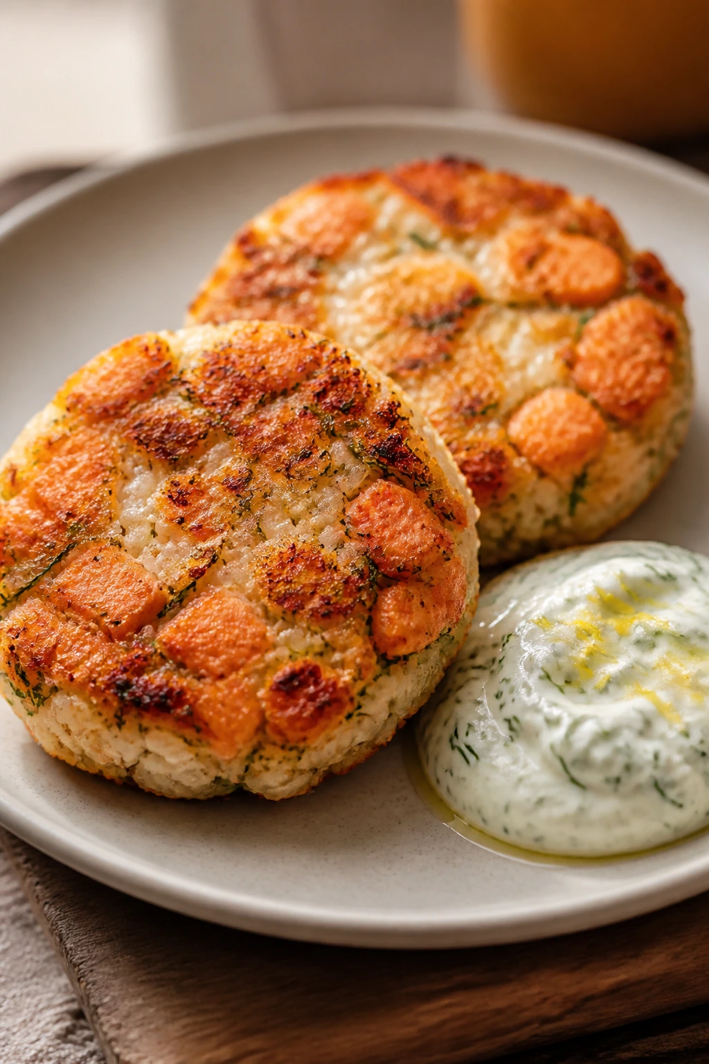 Two salmon rice cakes with lemon dill yogurt sauce on a plate