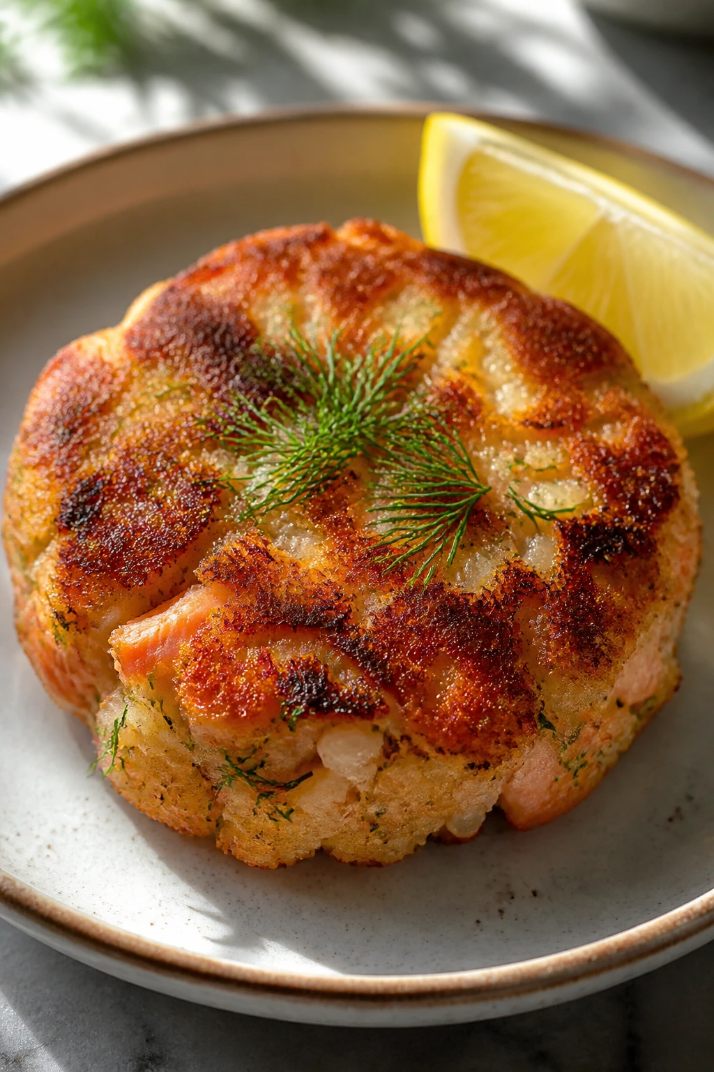 Close-up of a crispy salmon rice cake on a plate with dill and lemon in a sunny kitchen