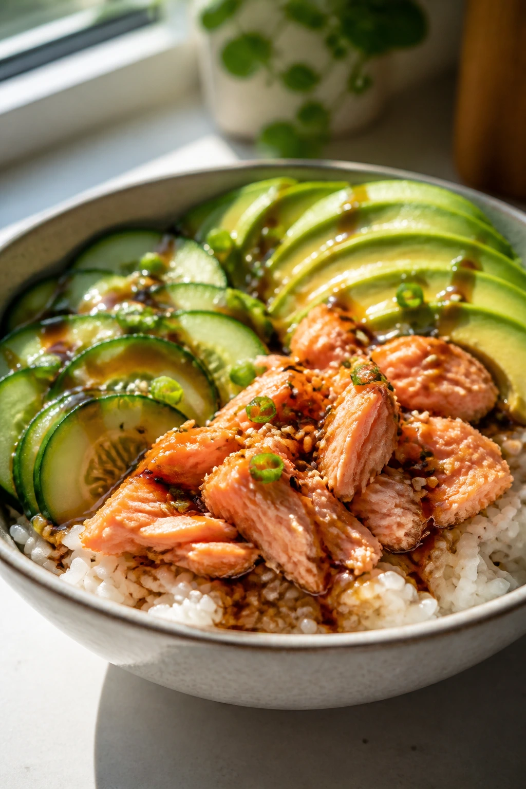 Salmon rice bowl with cucumber and avocado in a bright kitchen