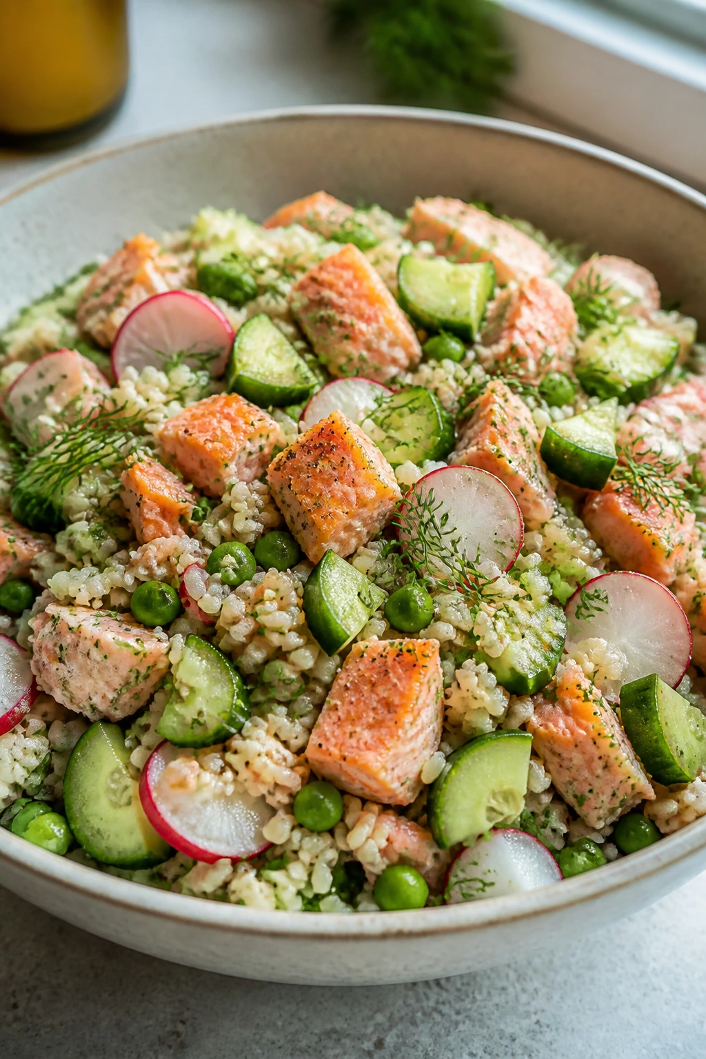Salmon rice salad with cucumber and dill in a bowl
