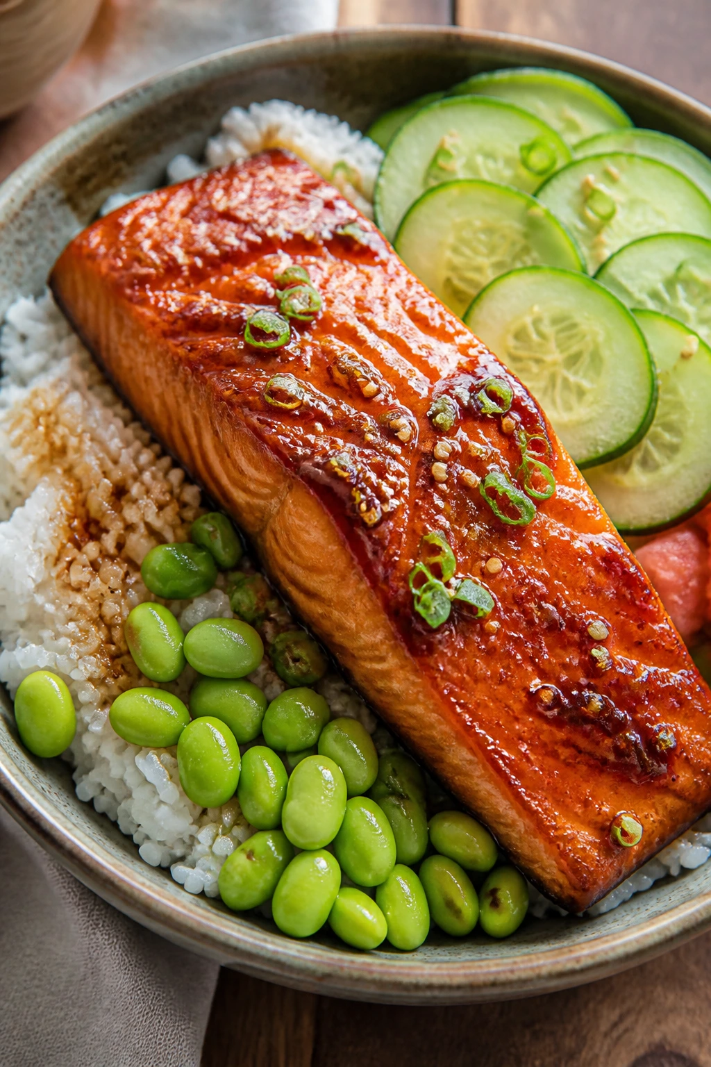 Salmon rice bowl with ginger-soy glaze and cucumber in a bowl