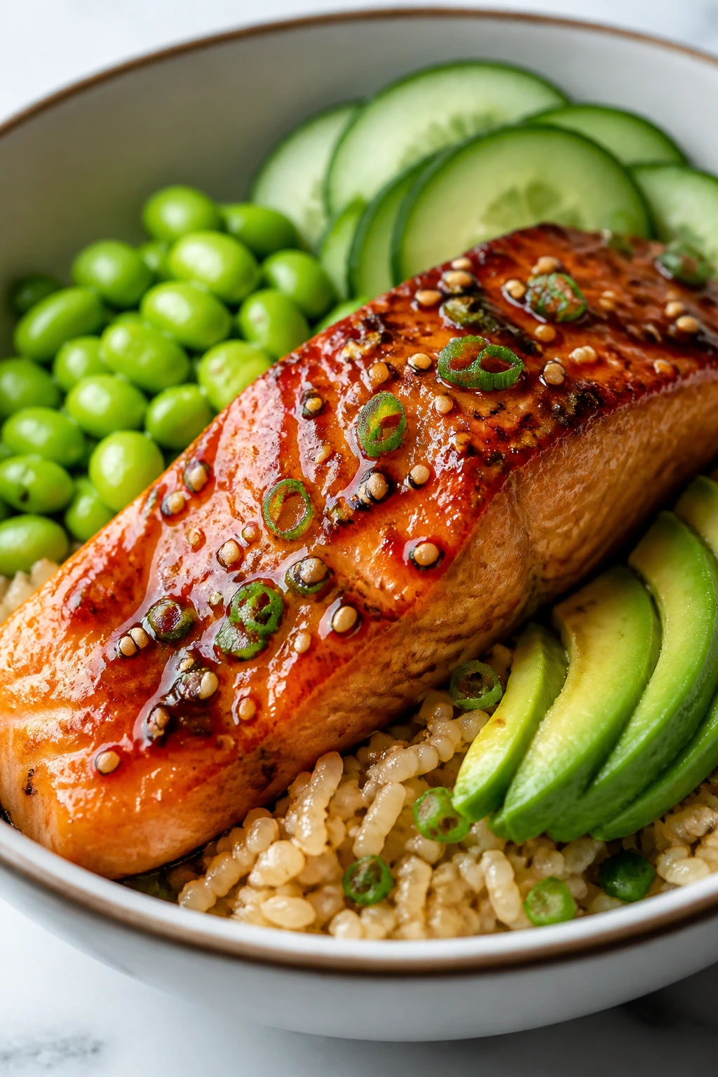 Salmon with miso glaze over rice and edamame bowl