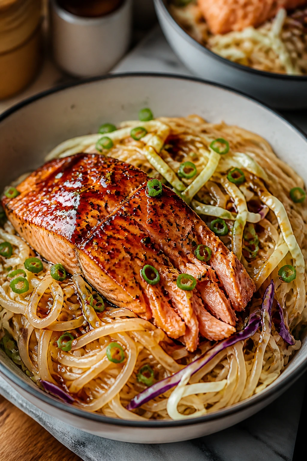 Salmon on rice noodles with teriyaki glaze