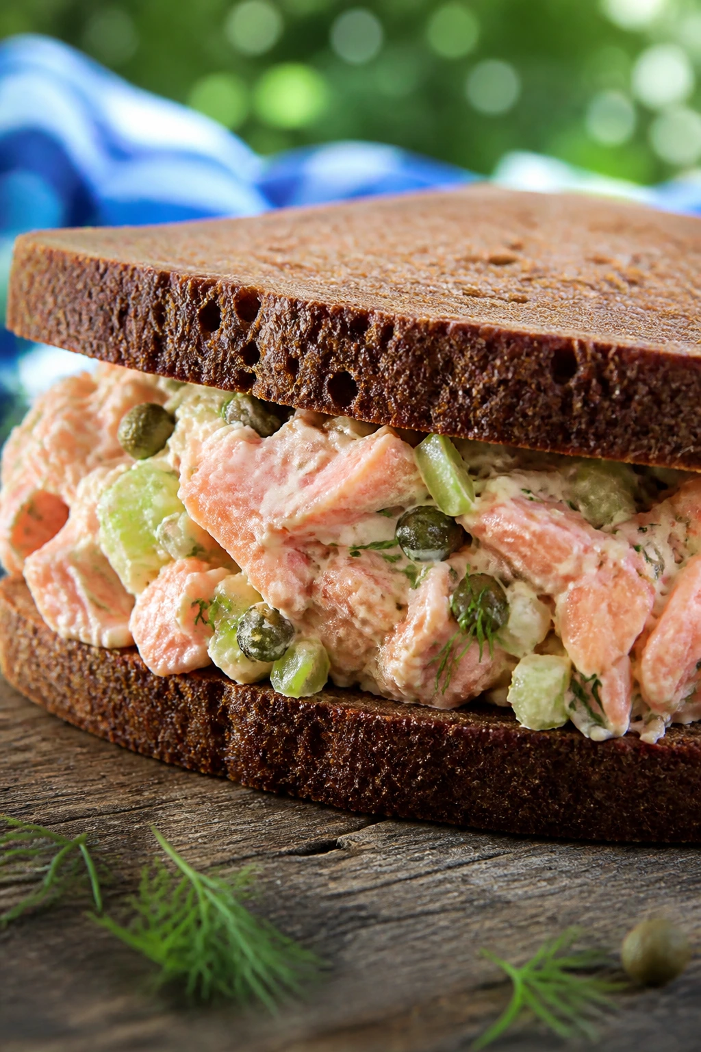 Salmon salad sandwich with capers and dill on rye bread outdoors