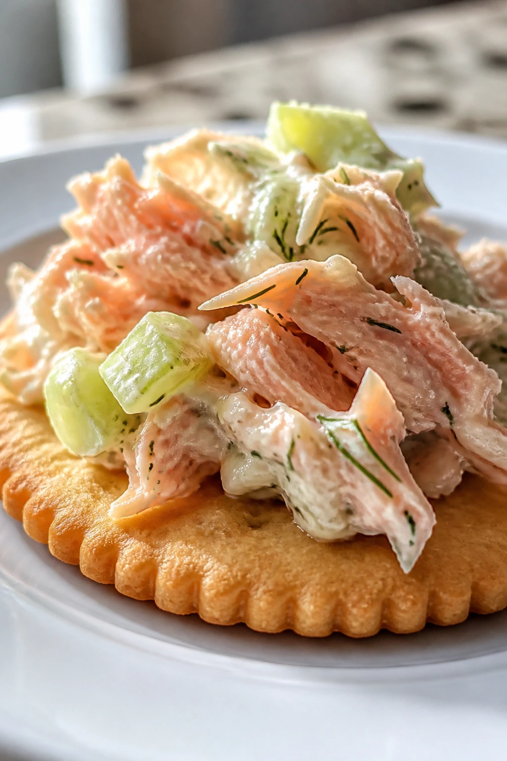 Close-up of salmon salad on a cracker