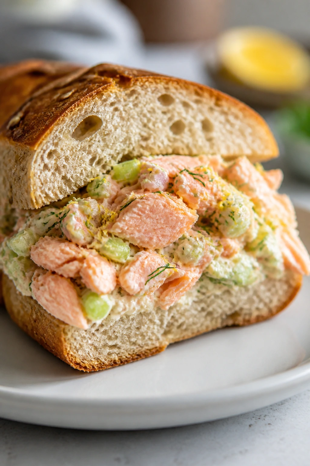 Close-up of Salmon Salad Sandwich with Dill and Lemon showing bright creamy filling