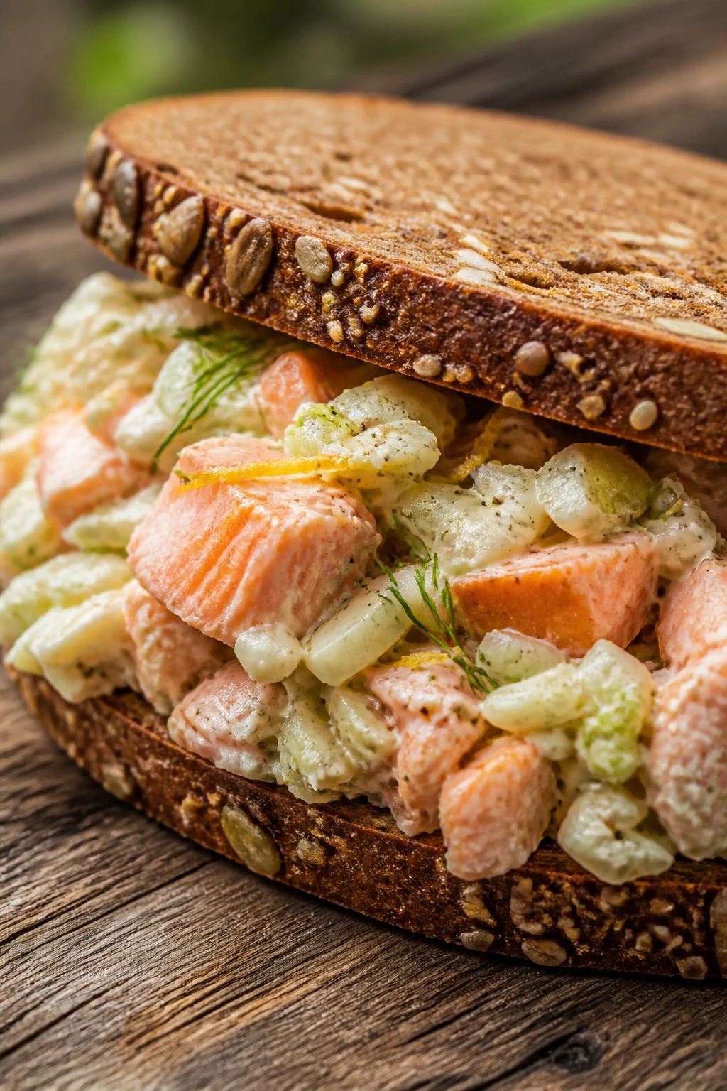 Salmon salad sandwich with fennel on rye bread close-up