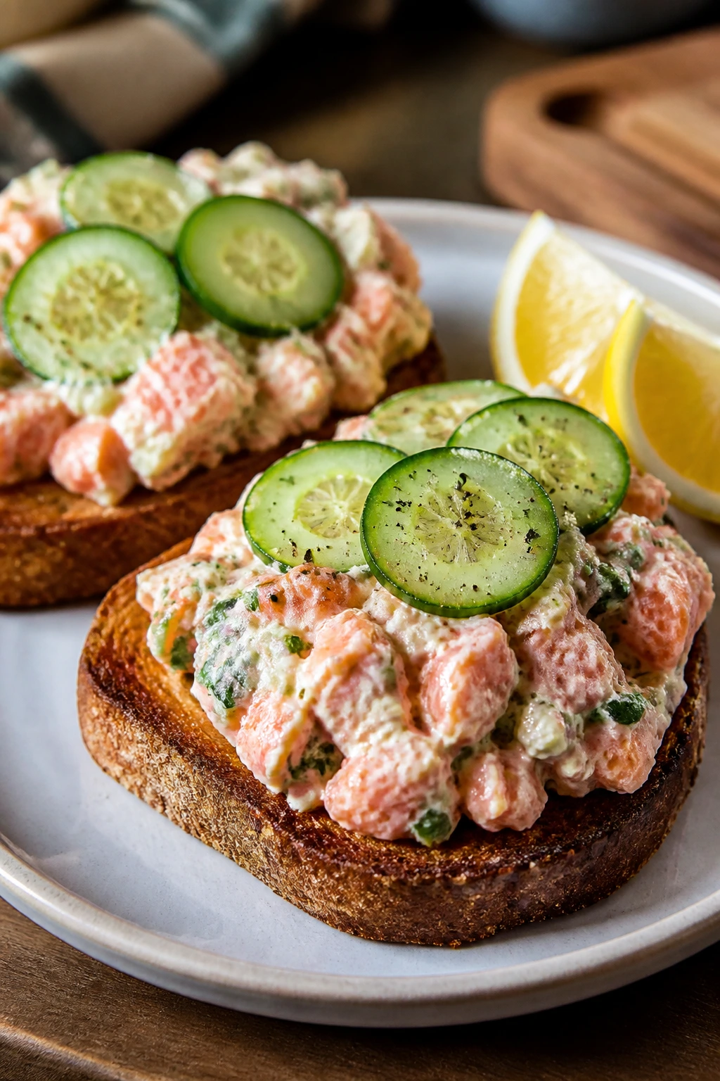 Open-faced salmon salad toasts with cucumber on a plate