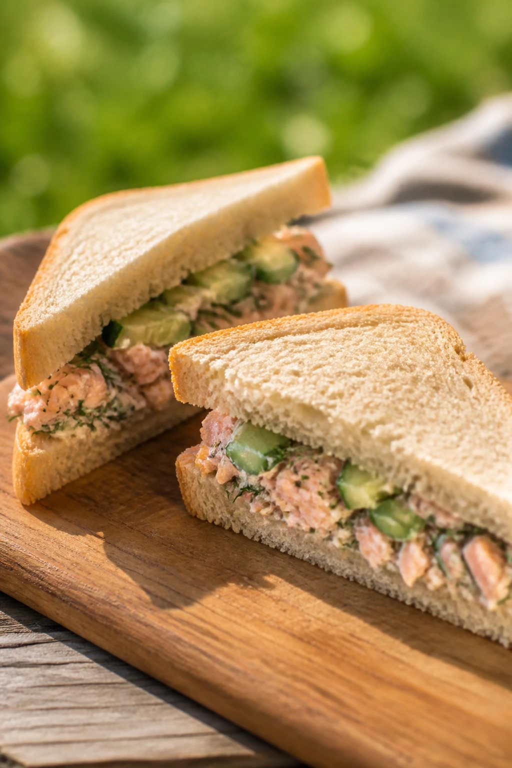 Close-up of cucumber-dill salmon sandwich halves on a sunny picnic table
