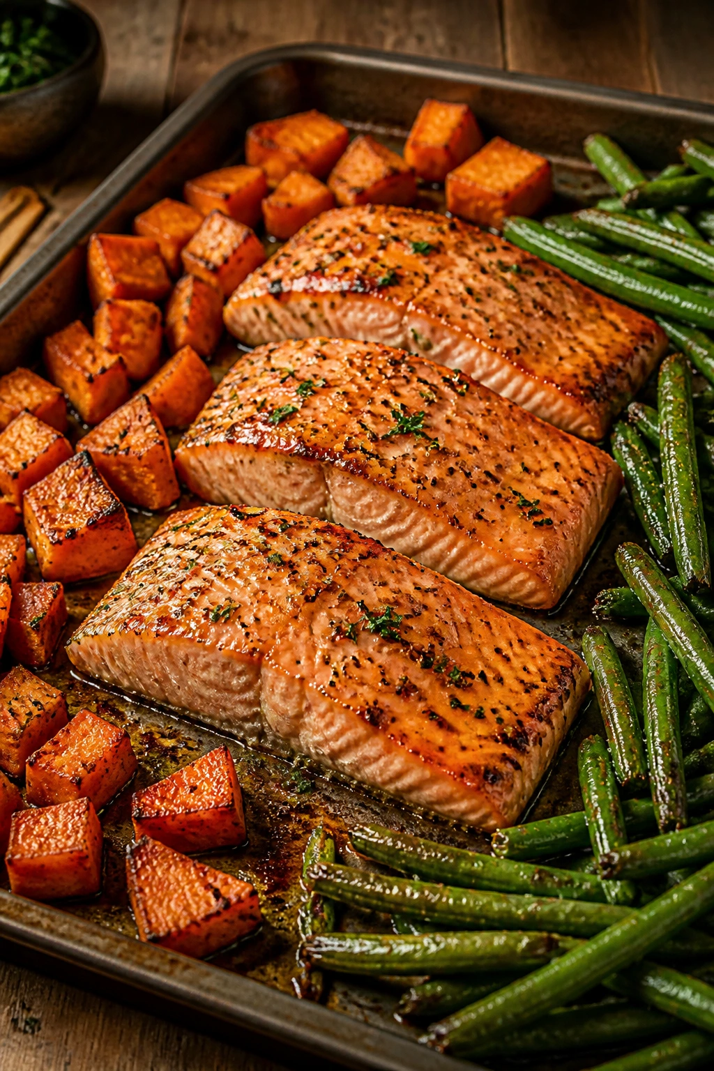 Sheet-pan salmon with sweet potatoes and green beans on a kitchen counter