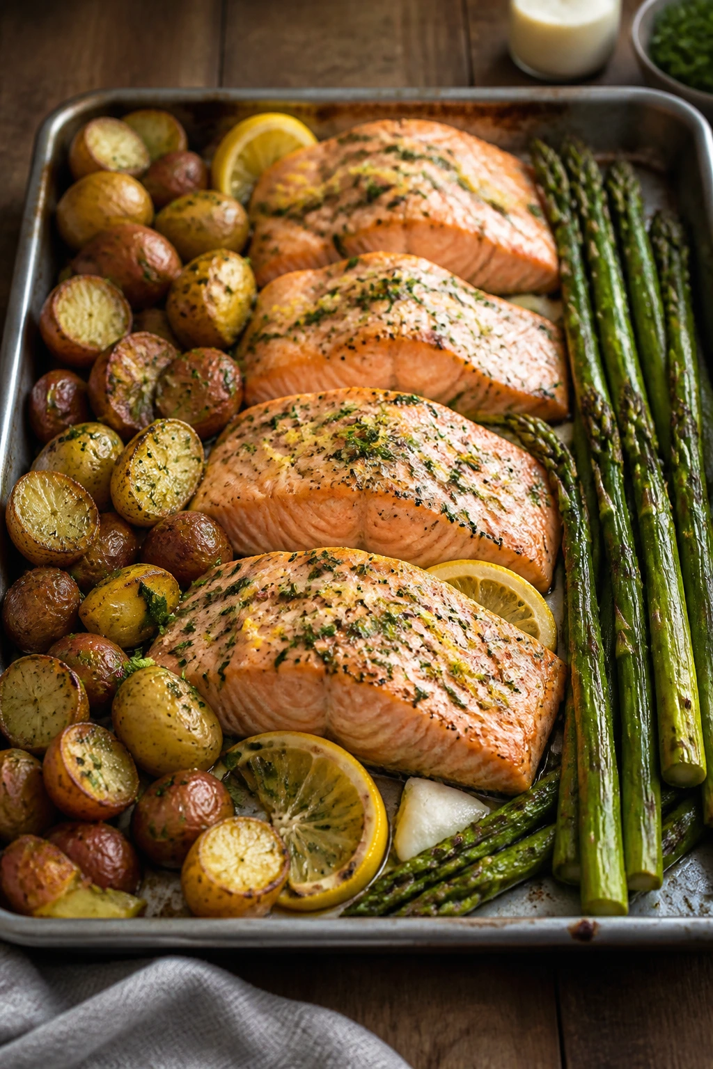Sheet-pan salmon with asparagus and potatoes, lemon zest on top.