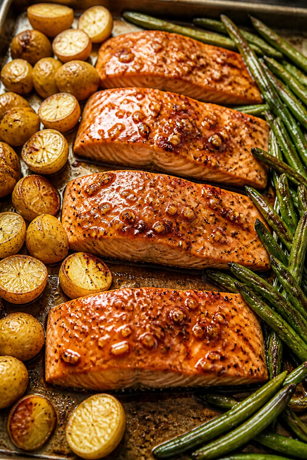 Sheet pan with glazed salmon, potatoes, and green beans filling the frame