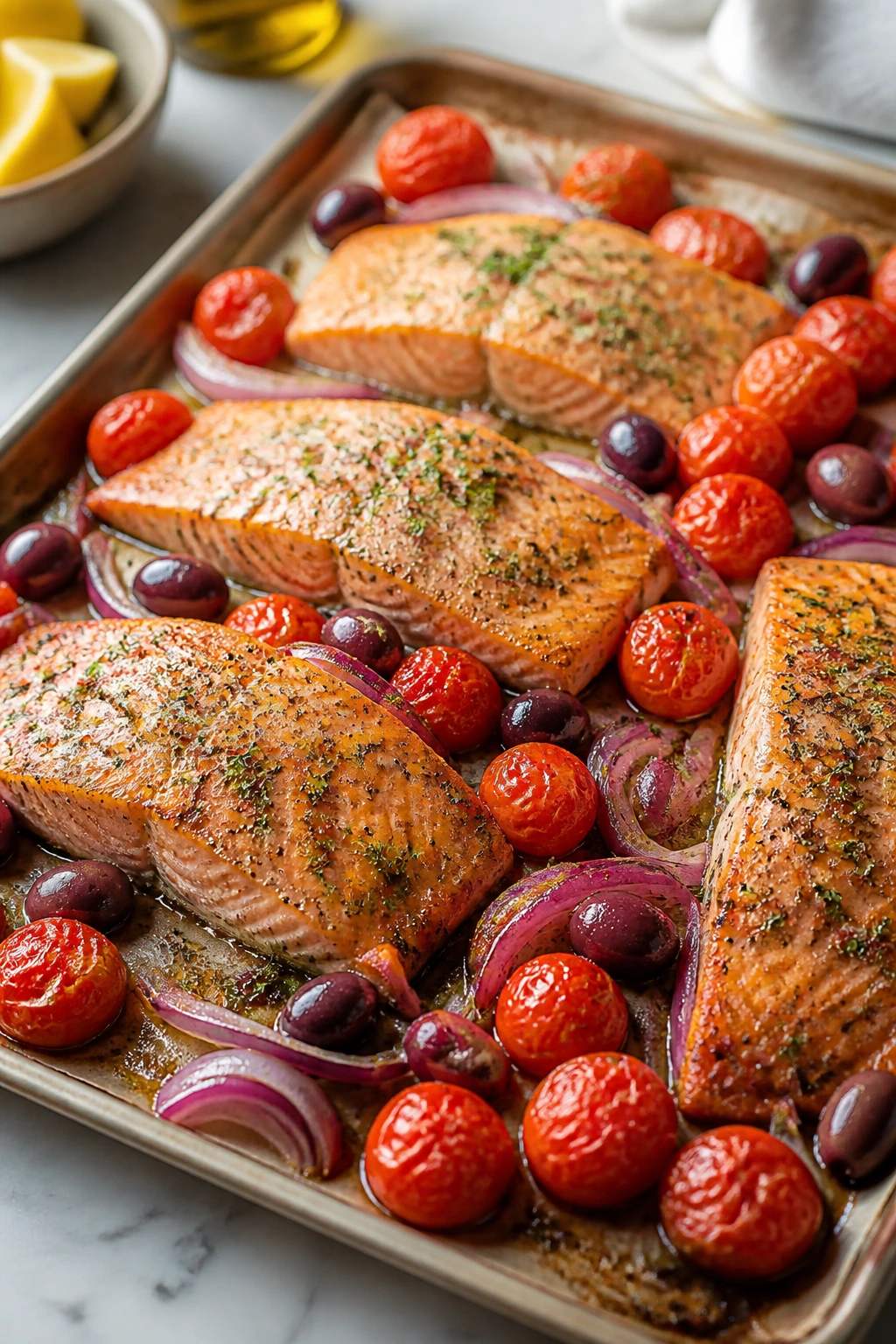 Salmon fillets on a sheet pan with tomatoes and olives