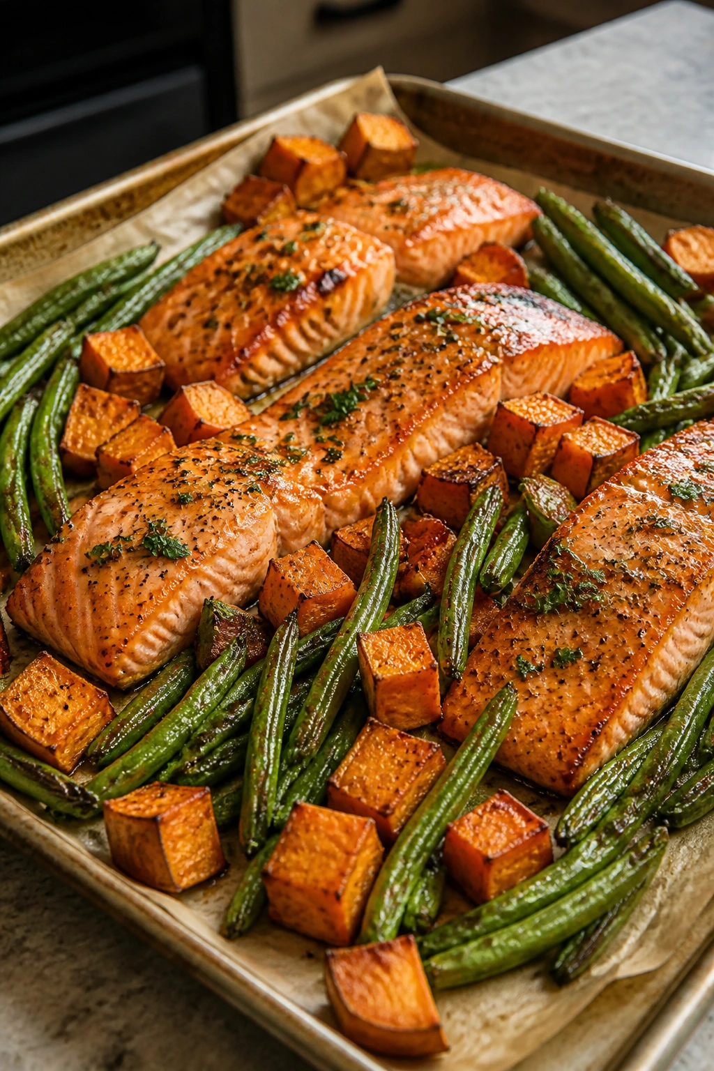 Close-up of sheet-pan salmon with sweet potatoes and green beans