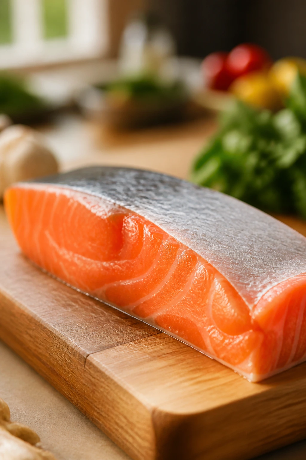 Fresh salmon fillet on cutting board with market produce blurred in background