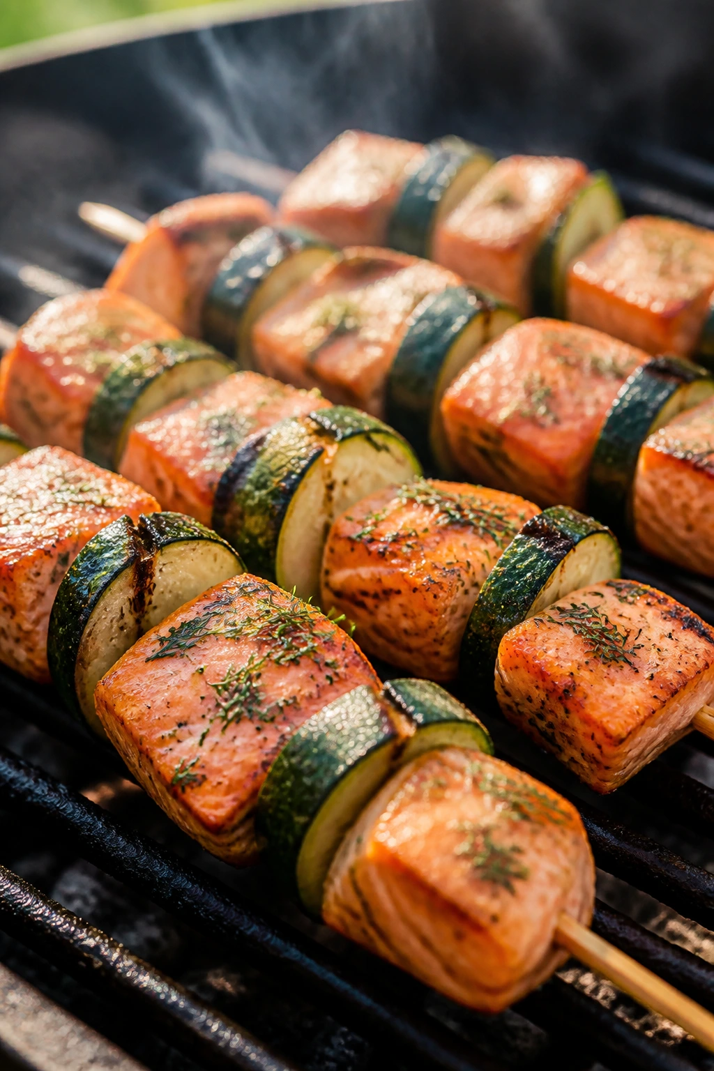 Close-up of salmon and zucchini skewers with dill on a grill