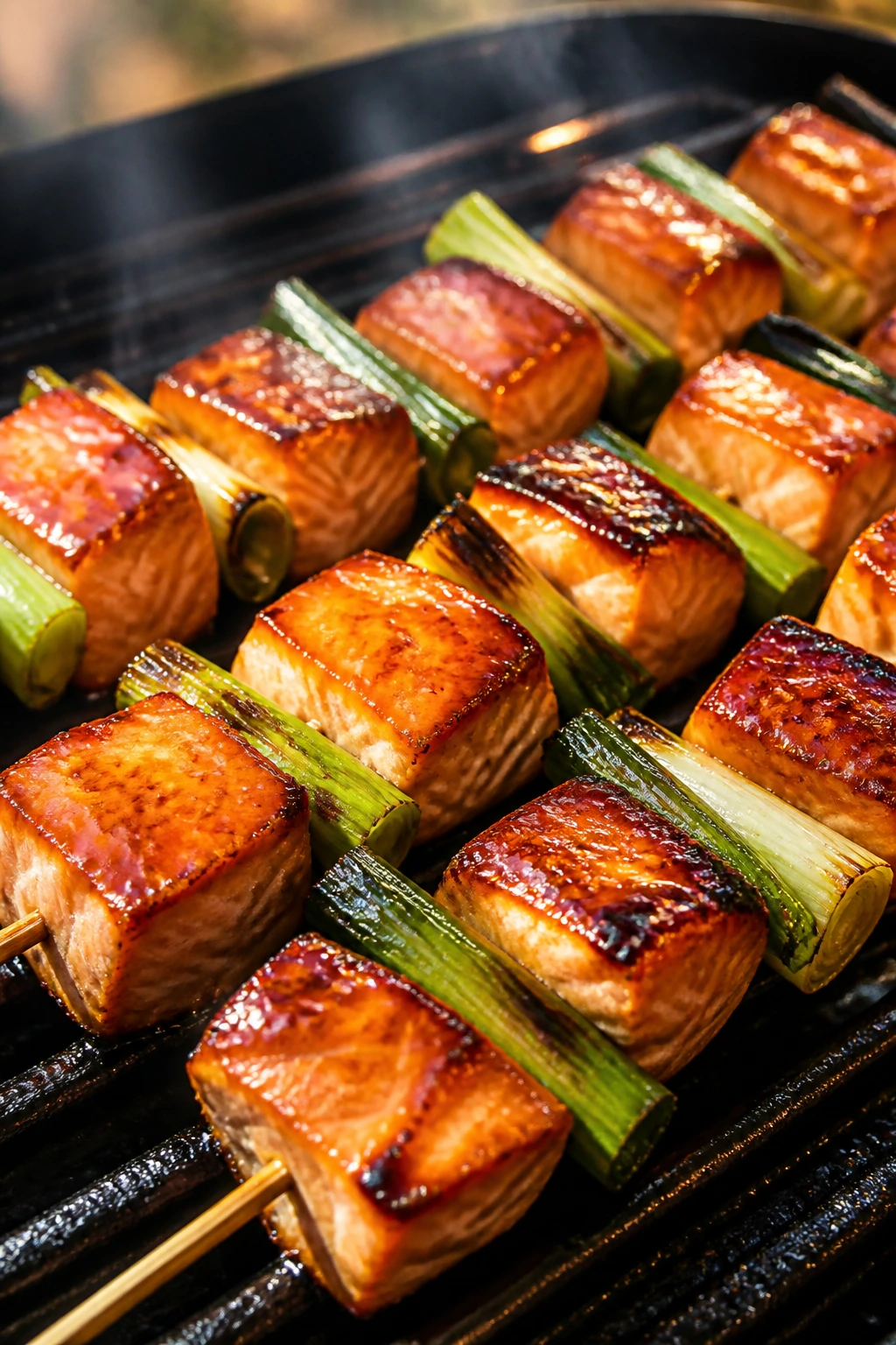 Teriyaki salmon skewers with scallions and glossy glaze on a grill