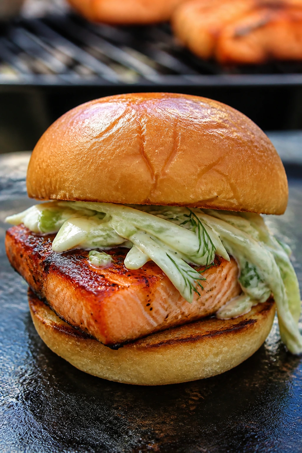 Salmon slider with dill slaw on a bun outdoors