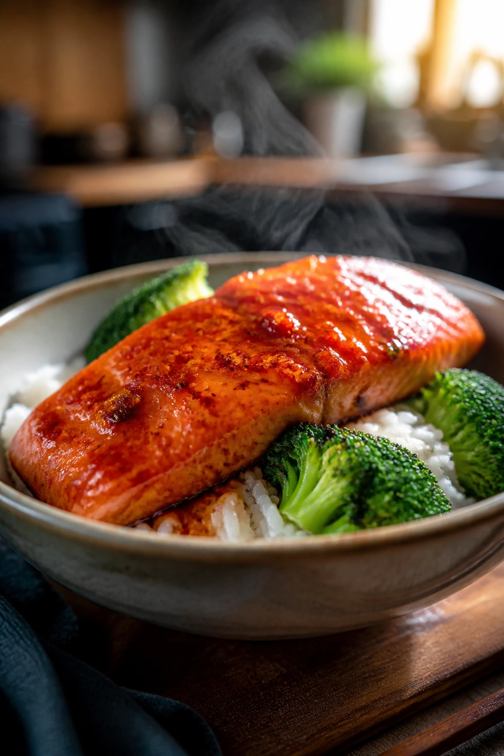 Spicy sriracha salmon with rice and broccoli in a bowl