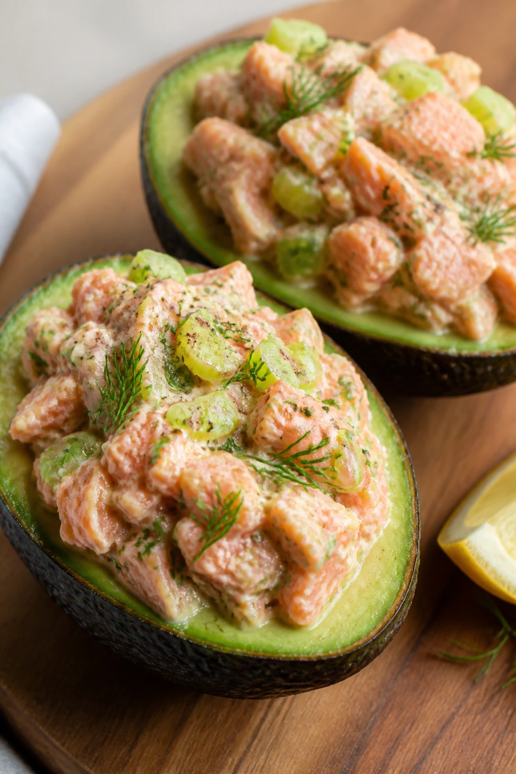 Two avocado halves filled with salmon salad on a wooden board