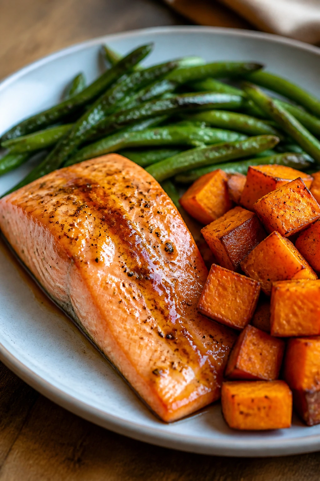 Salmon with roasted sweet potatoes and green beans on plate