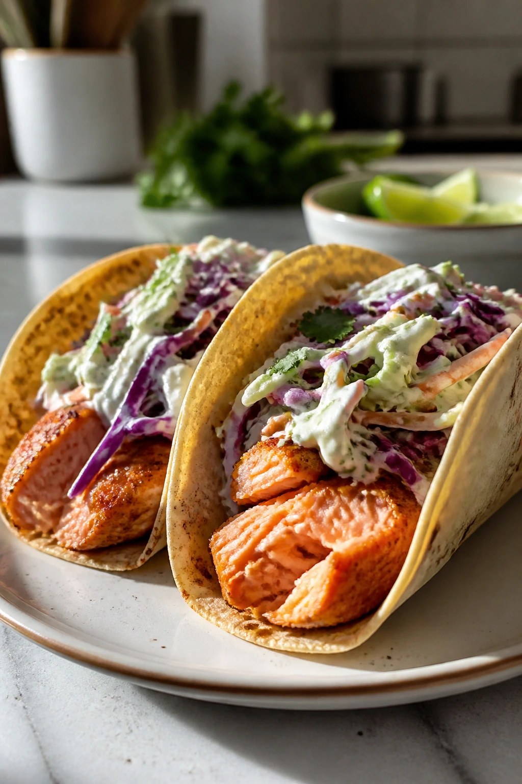 Salmon tacos with crunchy cabbage slaw on a plate