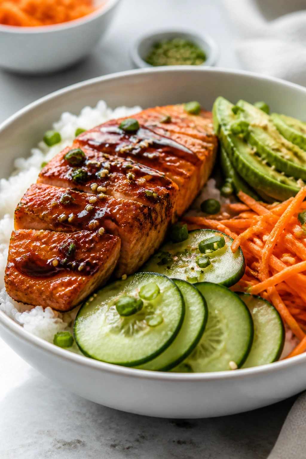 Close-up of teriyaki salmon rice bowl with cucumber and avocado