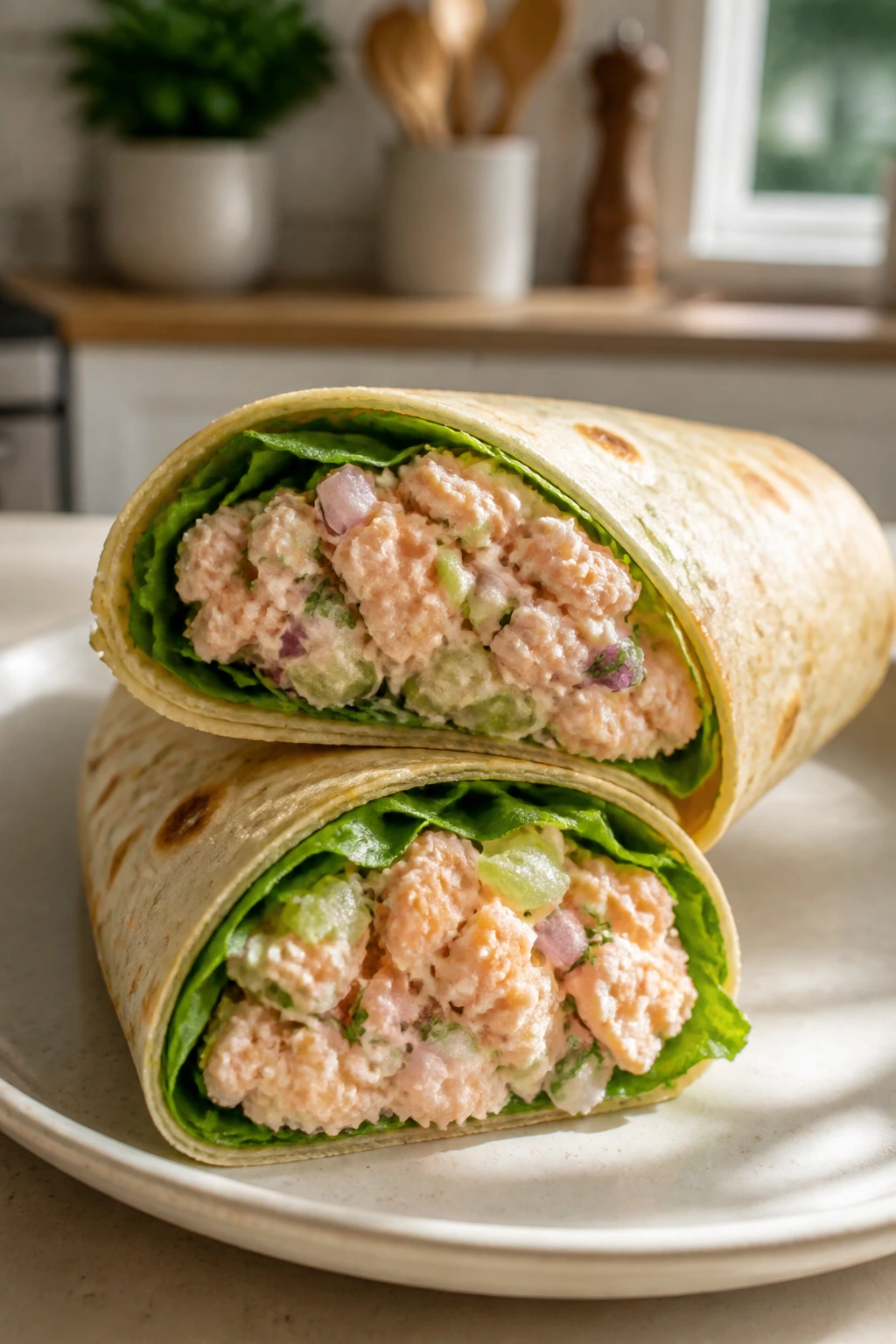 Salmon salad wrap sliced to show filling on plate