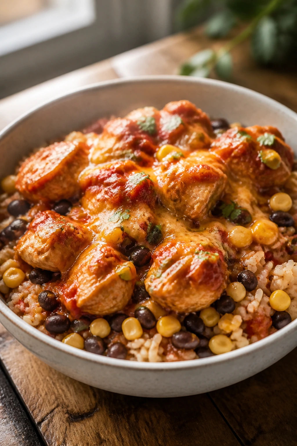 Close-up of salsa chicken black beans corn rice bowl