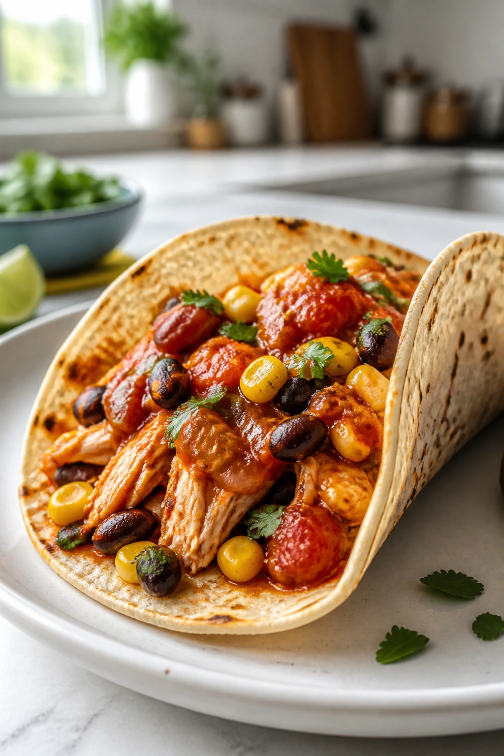 Close-up of salsa chicken tacos on a plate in a bright kitchen