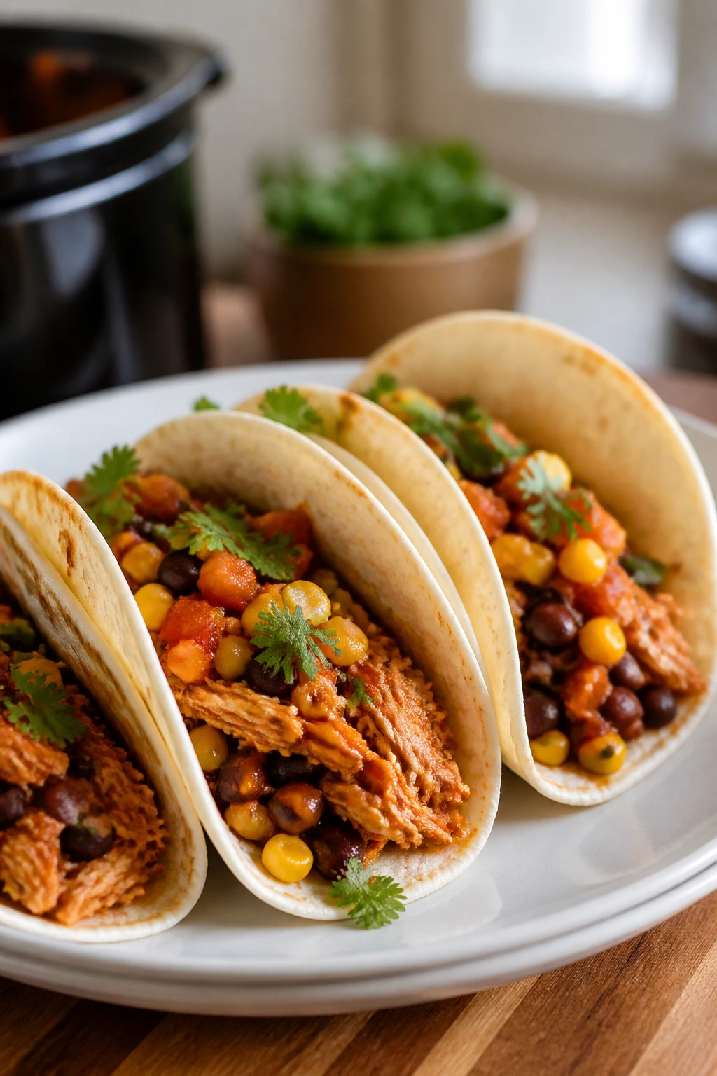 Plate of salsa chicken tacos with corn and beans