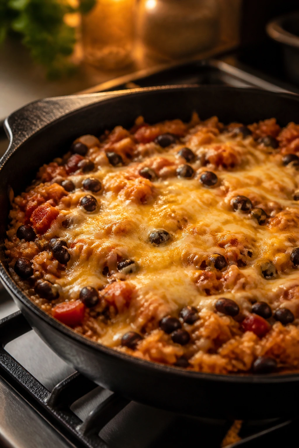 One-pan salsa rice and beans with melted cheese on top in a kitchen skillet