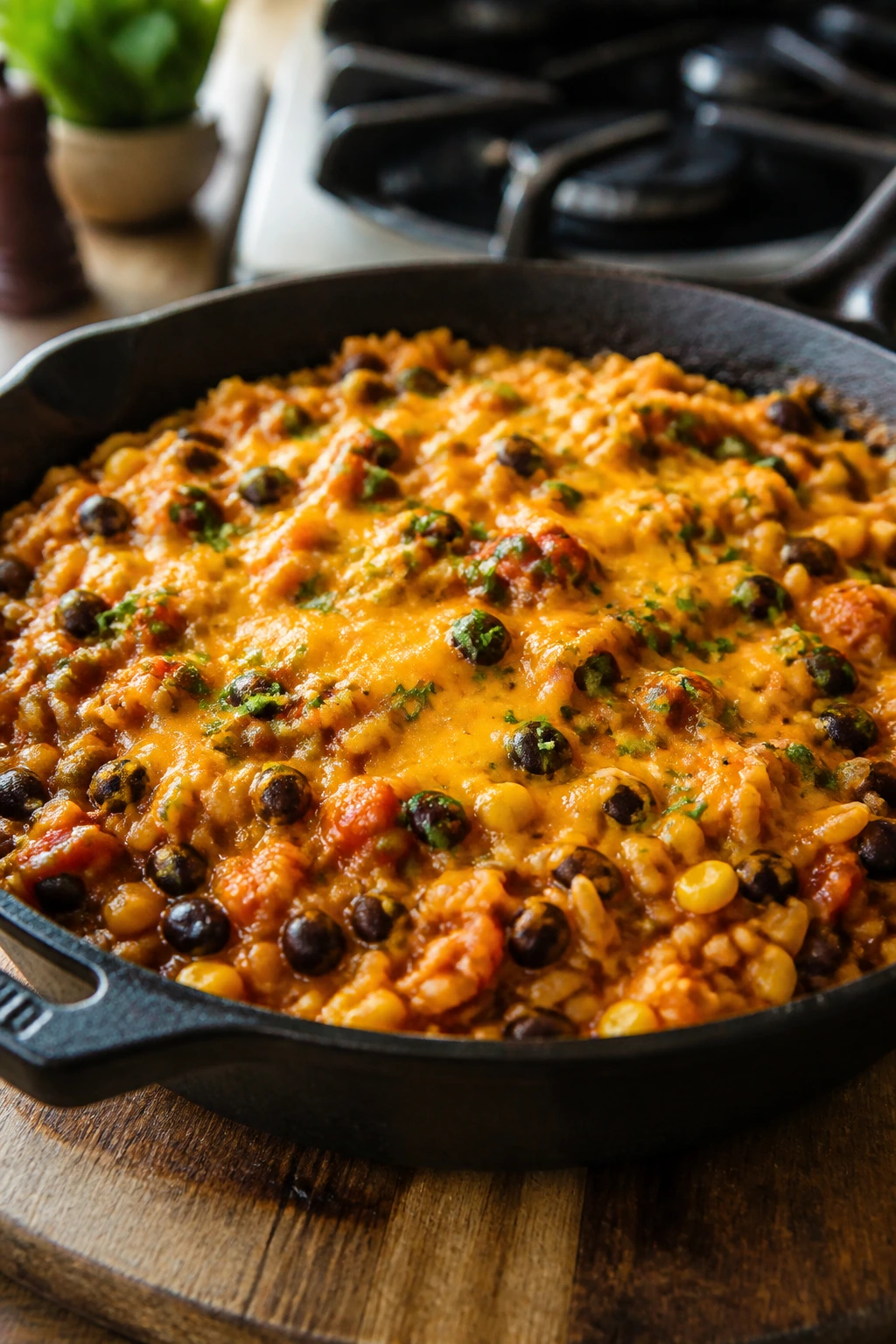 Close-up of Salsa Rice and Bean Skillet in a warm kitchen