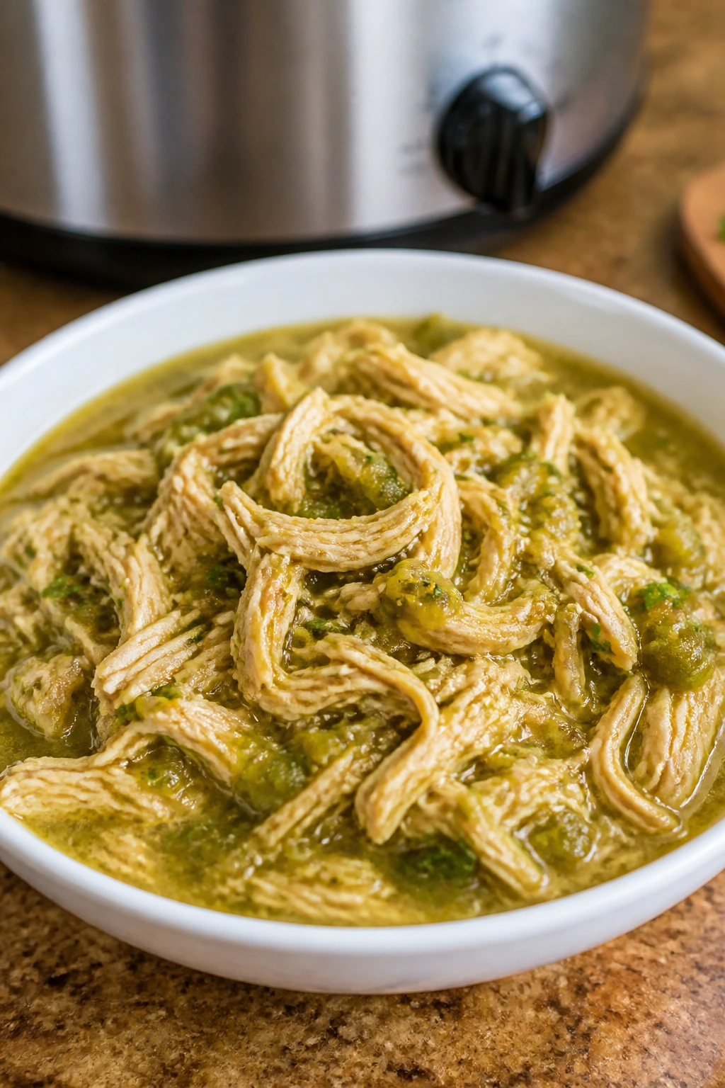 Shredded chicken in bright salsa verde in a bowl in a cozy kitchen