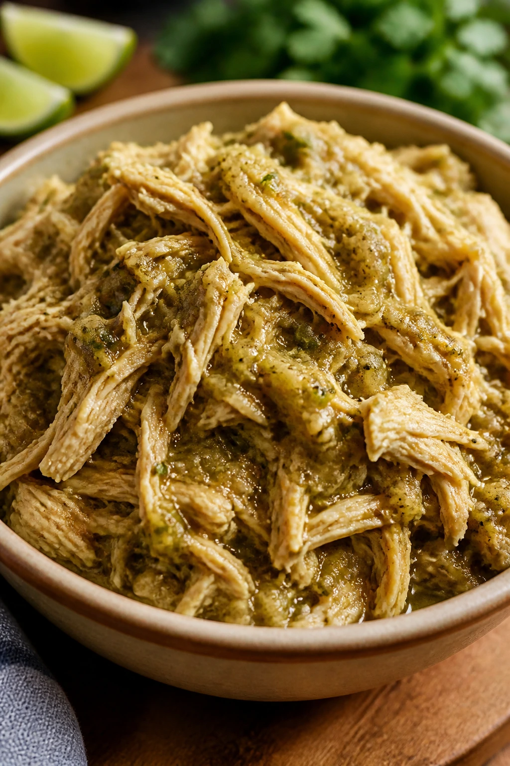 Close-up of shredded salsa verde chicken in a bowl