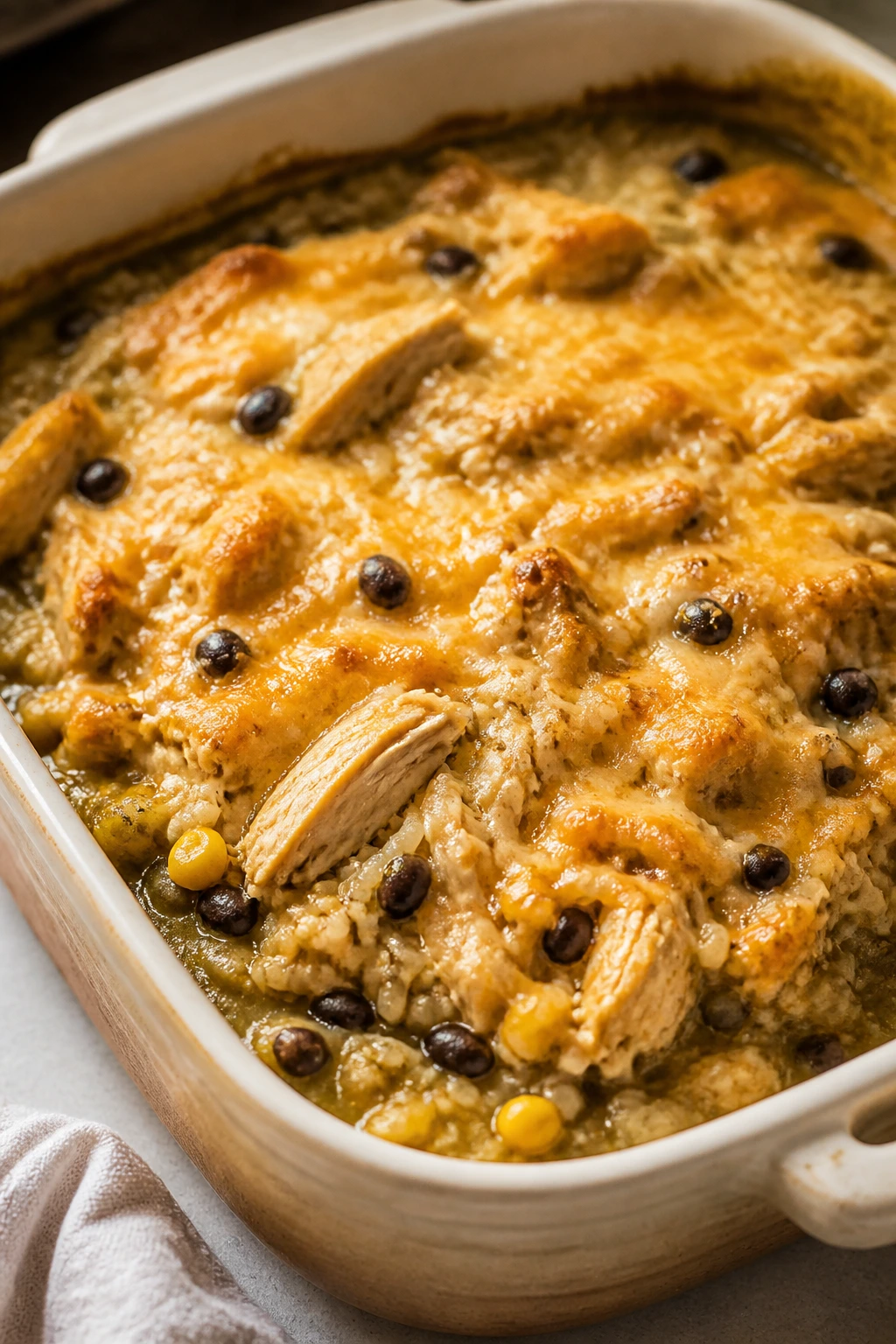 Close-up of salsa verde chicken and rice casserole in a baking dish with cheese topping