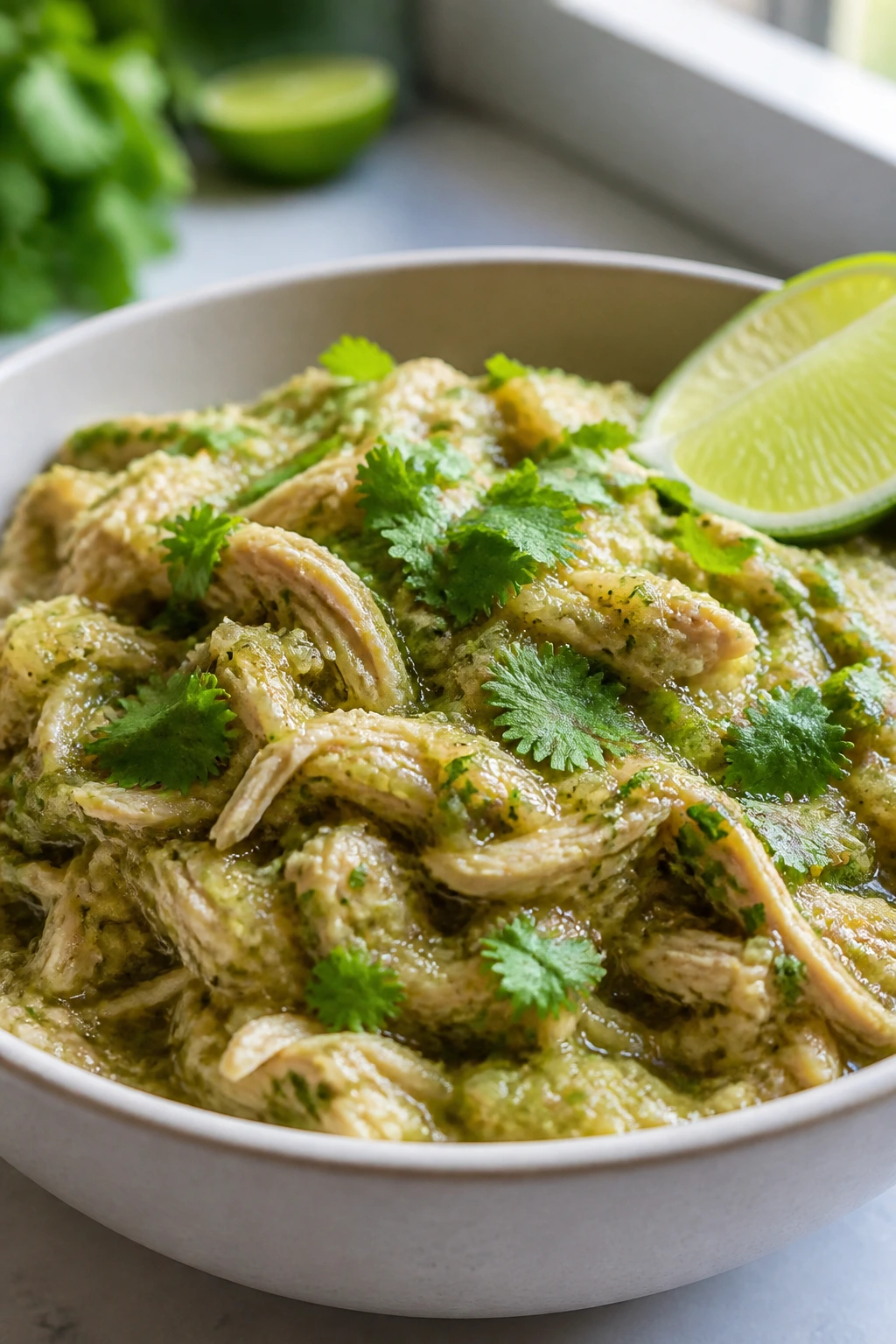 Close-up of salsa verde chicken in a bowl with cilantro and lime