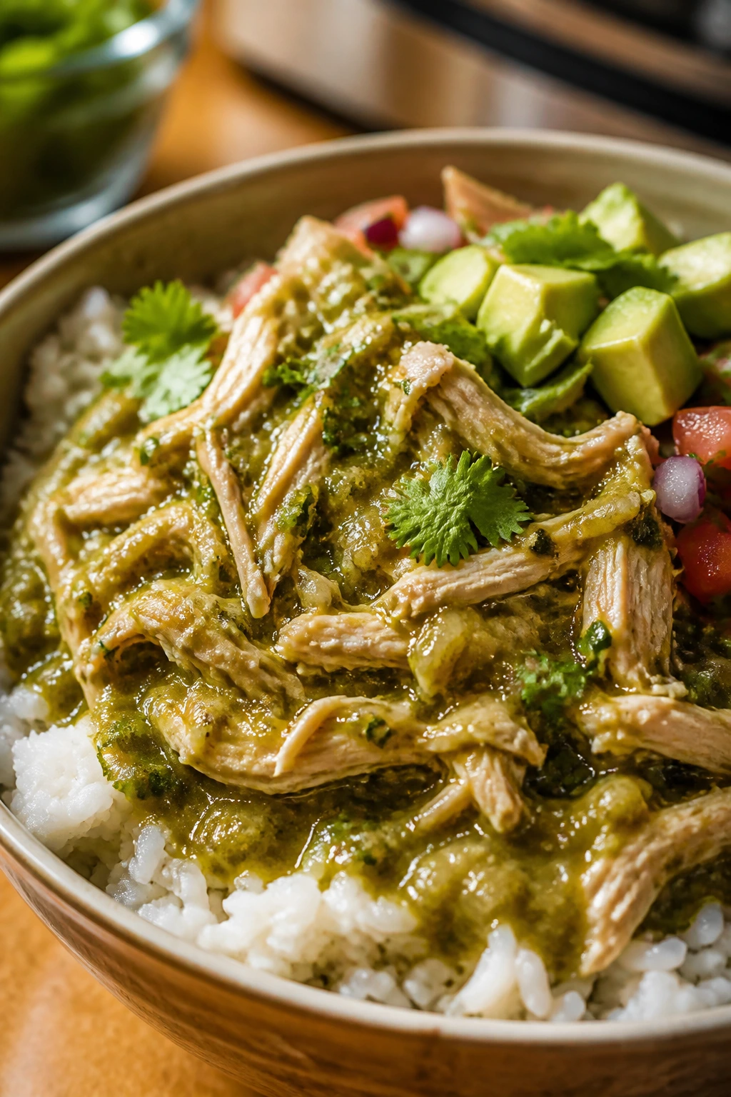 Close-up of salsa verde chicken bowl