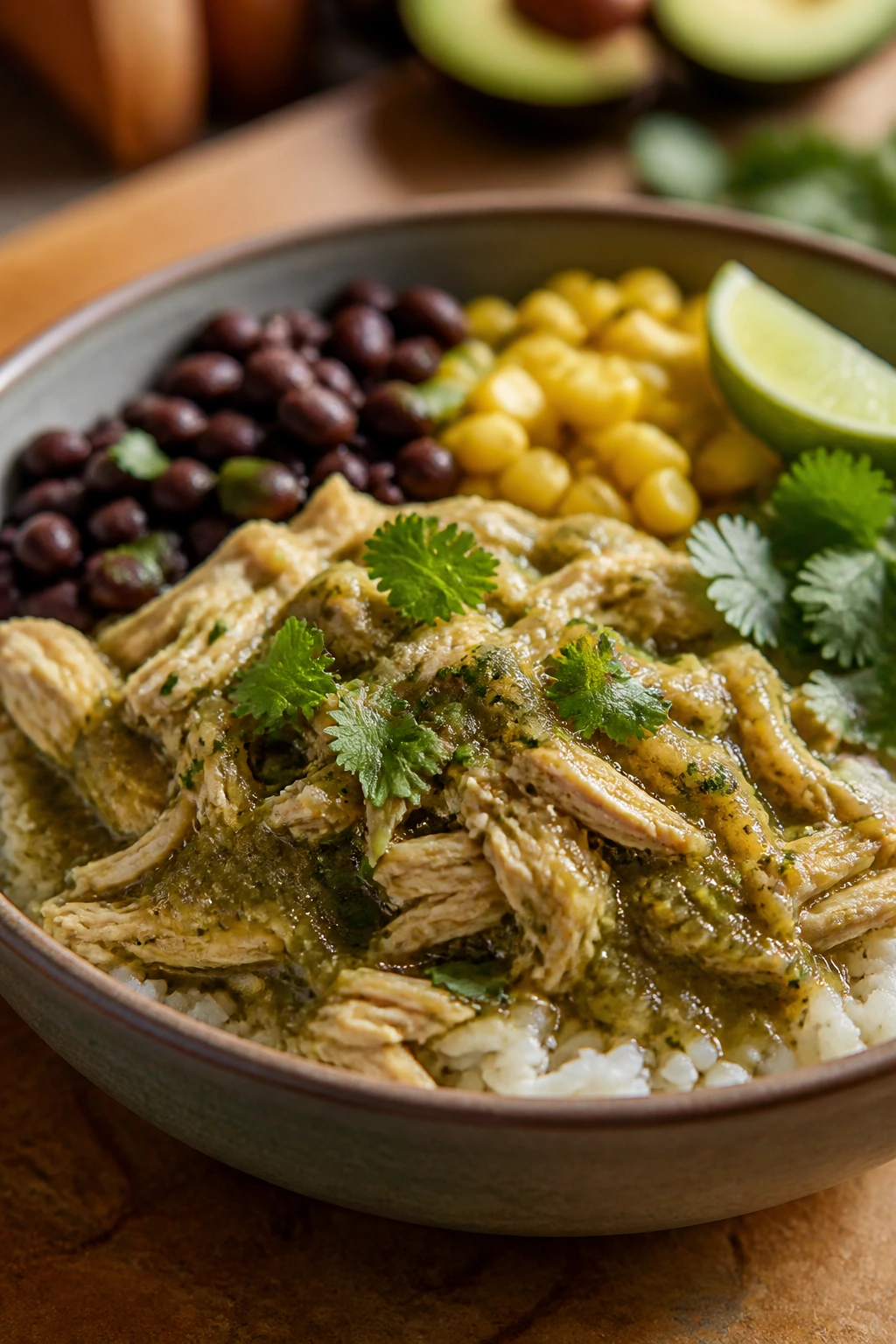Close-up of salsa verde chicken bowl with beans, corn and rice.