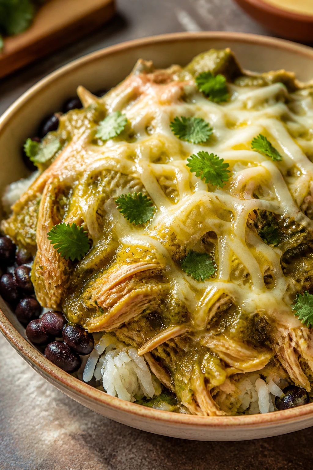 Bowl of salsa verde chicken over rice with beans and cheese