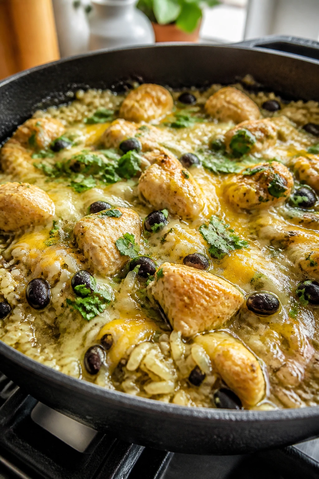Close up of salsa verde chicken and rice in a skillet with cheese melted.