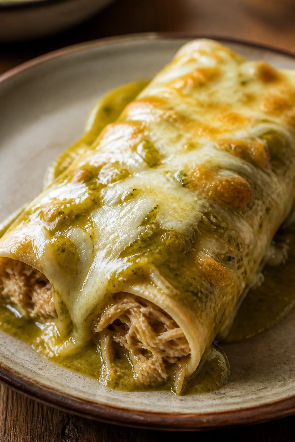 Enchilada with melted cheese and green salsa verde on plate